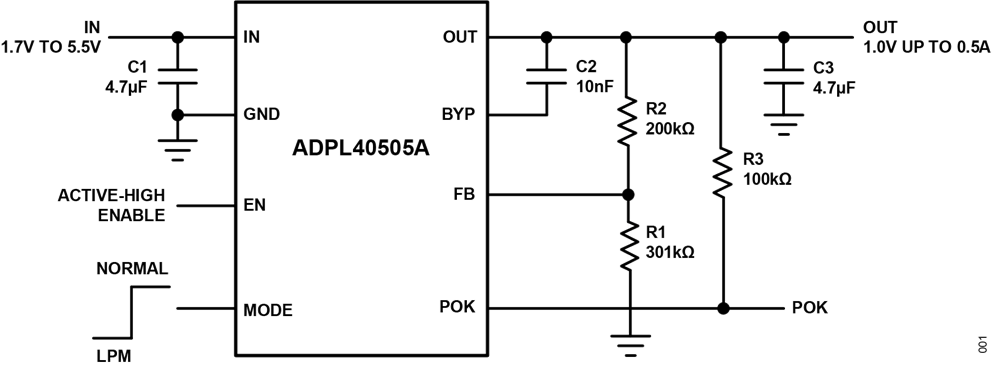 Application Circuit Diagram - Analog Devices / Maxim Integrated ADPL40505A Low-Dropout (LDO) Linear Regulator