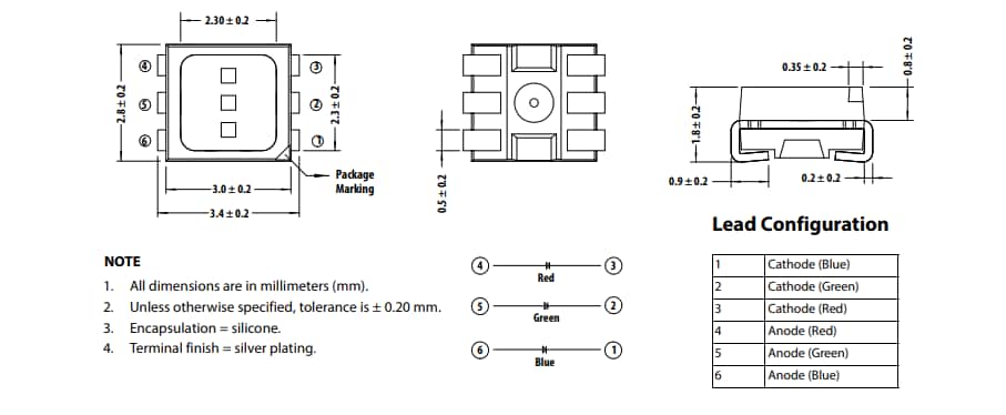 Mechanical Drawing - Broadcom ASMT-YTx2 PLCC RGB LEDs