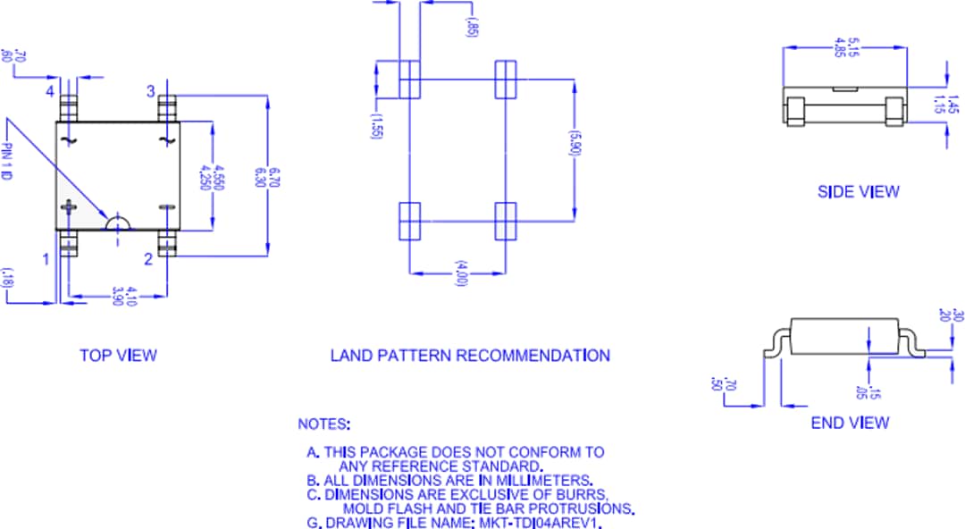 Mechanical Drawing - onsemi MDBxS 1A Single-Phase Bridge Rectifiers