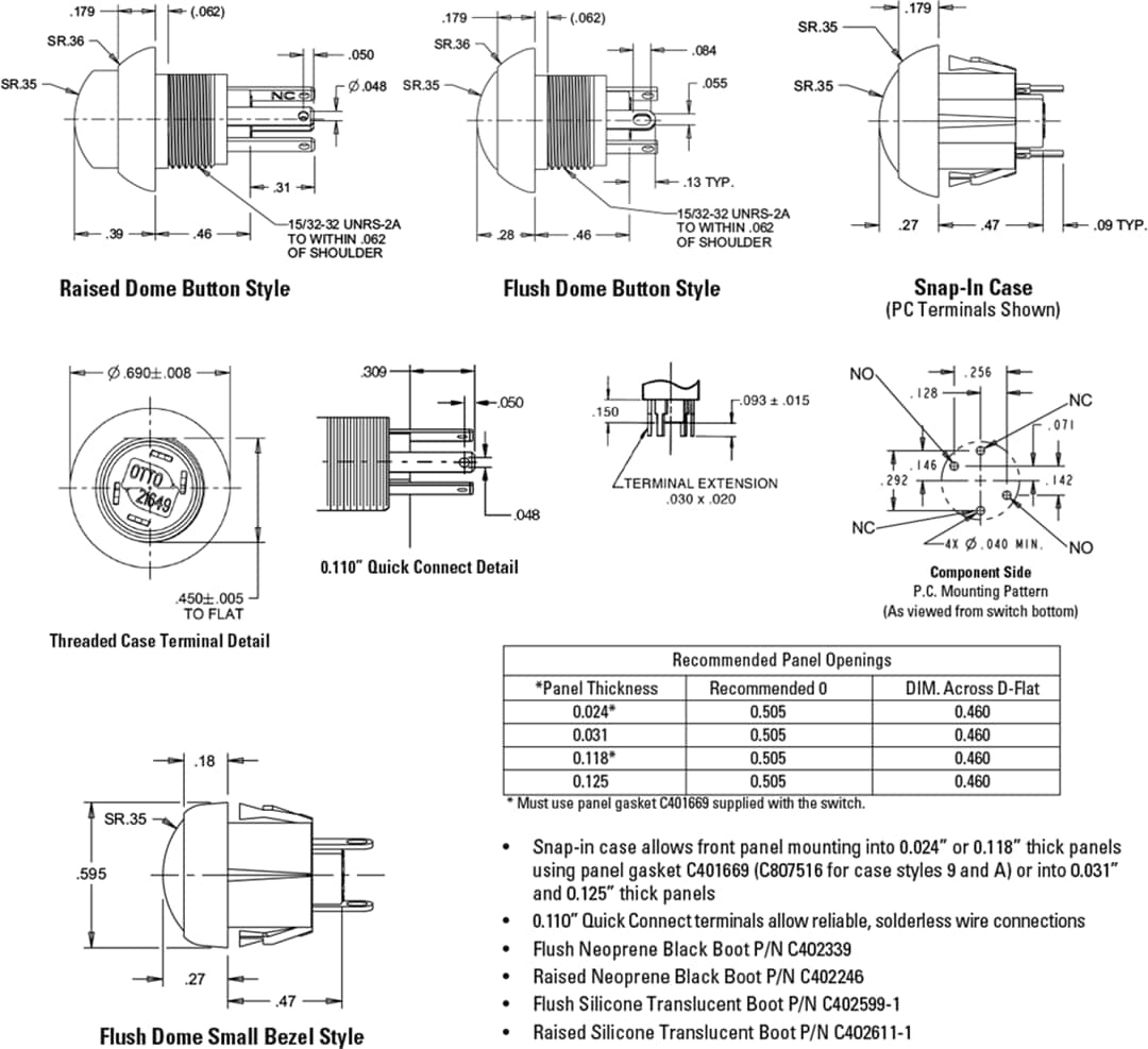 Mechanical Drawing - OTTO P9 Dome Pushbutton Switches