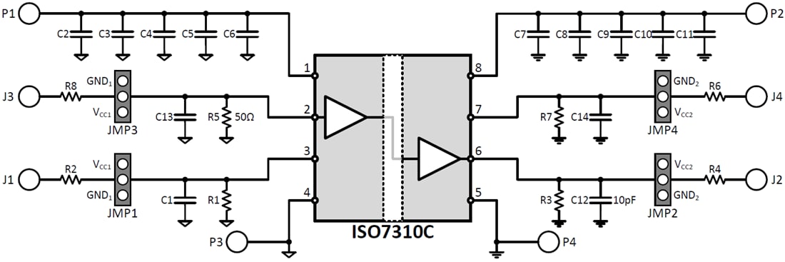 Schematic - Texas Instruments ISO7310C-EVM Digital Isolator Evaluation Module