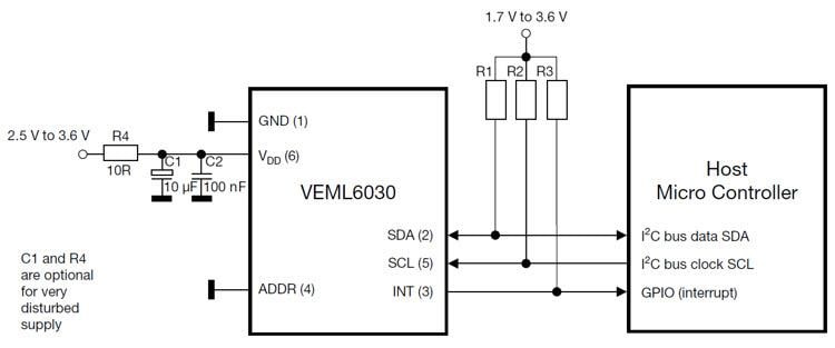 應用電路圖 - Vishay Semiconductors VEML高精度環境光感應器