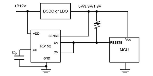 應用電路圖 - Nisshinbo R3152N系列42V輸入間隔電壓偵測器
