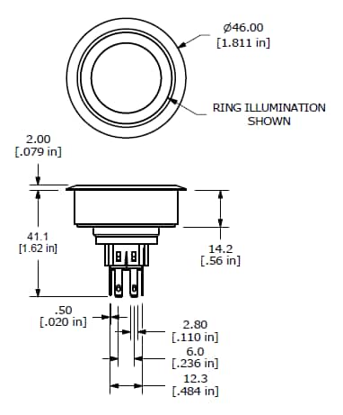 Mechanical Drawing - E-Switch PV10 Illuminated Anti-Vandal Switches