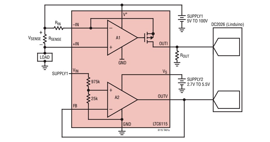 應用電路圖 - Analog Devices Inc. LTC6115高側電流與電壓感測