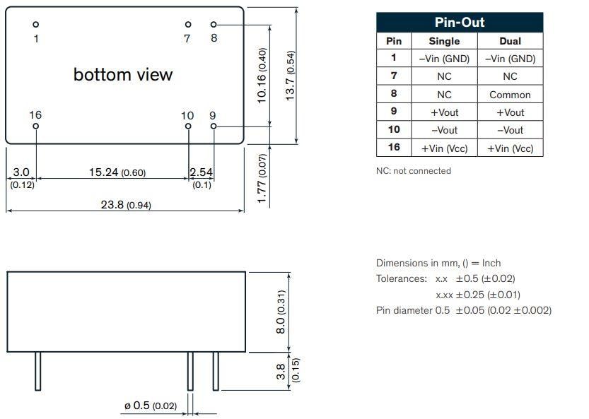 Mechanical Drawing - TRACO Power TEL 10 Series Compact 10W DC/DC Converters
