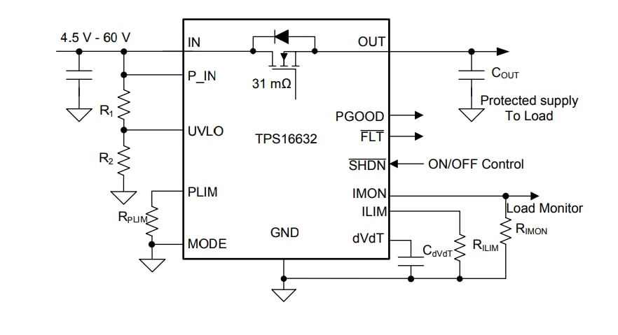 電路圖 - Texas Instruments TPS1663x 60V 6A功率限制電子保險絲