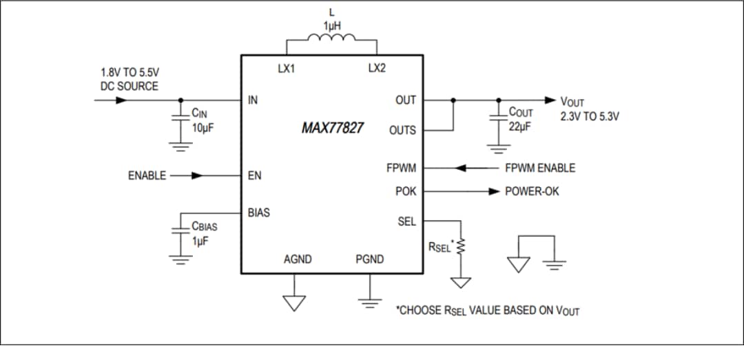 應用電路圖 - Analog Devices / Maxim Integrated MAX77827開關型升降壓轉換器