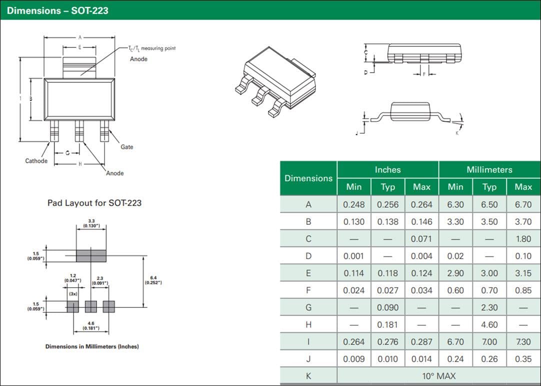 Mechanical Drawing - Littelfuse S6002xS EV 2A Sensitive SCR Thyristors