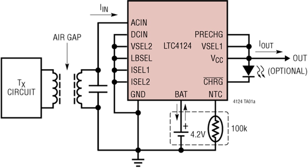 應用電路圖 - Analog Devices Inc. LTC4124 100mA無線鋰離子充電器