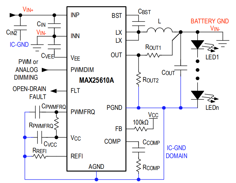 應用電路圖 - Analog Devices / Maxim Integrated MAX25610x降壓和降壓升壓LED驅動器