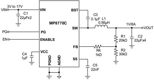 Application Circuit Diagram - Monolithic Power Systems (MPS) MP8770C Step-Down Converter with Forced CCM