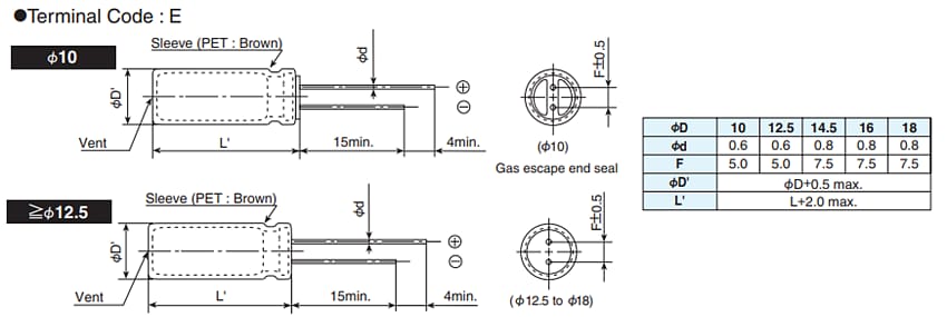 Mechanical Drawing - Chemi-Con KHE Miniature Aluminum Electrolytic Capacitors