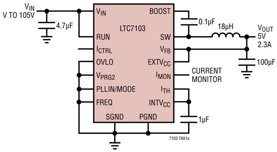 應用電路圖 - Analog Devices Inc. LTC7103 低 EMI 同步降壓型穩壓器