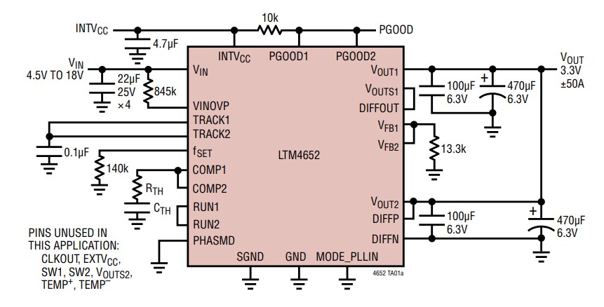 應用電路圖 - Analog Devices Inc. LTM4652 µModule®穩壓器