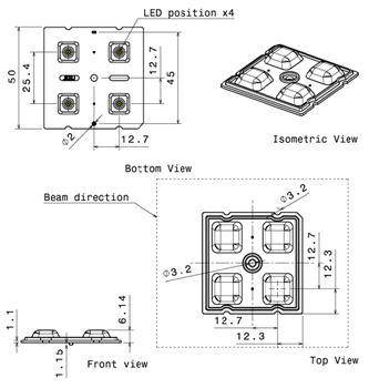 Mechanical Drawing - Ledil AMBER-2X2 LED Lighting Lenses