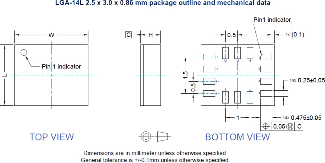 Mechanical Drawing - STMicroelectronics ASM330LHHX Auto 6-axis ML Core Inertial Module