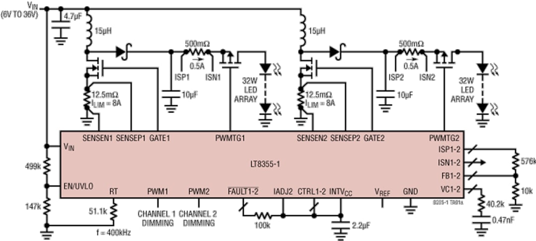 應用電路圖 - Analog Devices Inc. LT8355-1支援擴充調光的雙通道LED控制器