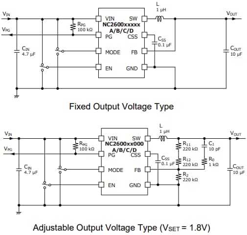 應用電路圖 - Nisshinbo NC2600 PWM/PFM降壓開關穩壓器IC