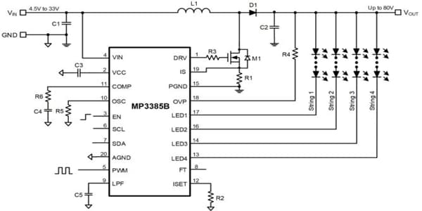 Application Circuit Diagram - Monolithic Power Systems (MPS) MP3385B Step-Up Controllers