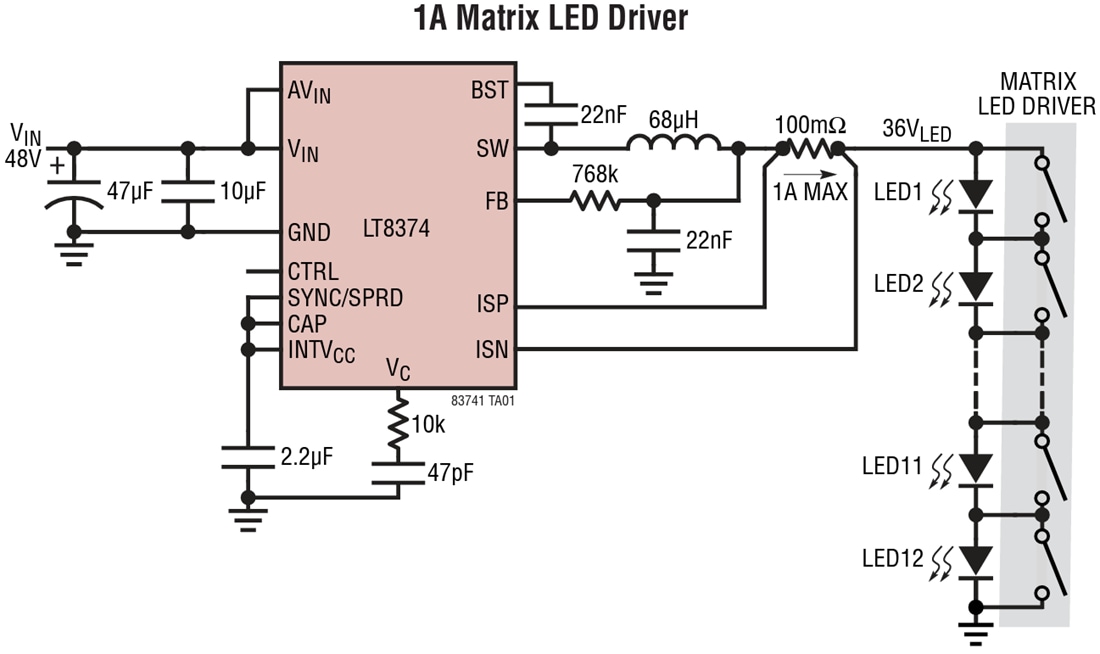 應用電路圖 - Analog Devices Inc. LT8374同步降壓LED驅動器