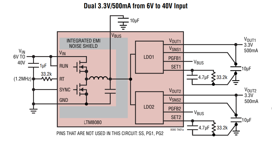 應用電路圖 - Analog Devices Inc. LTM8080 μModule穩壓器