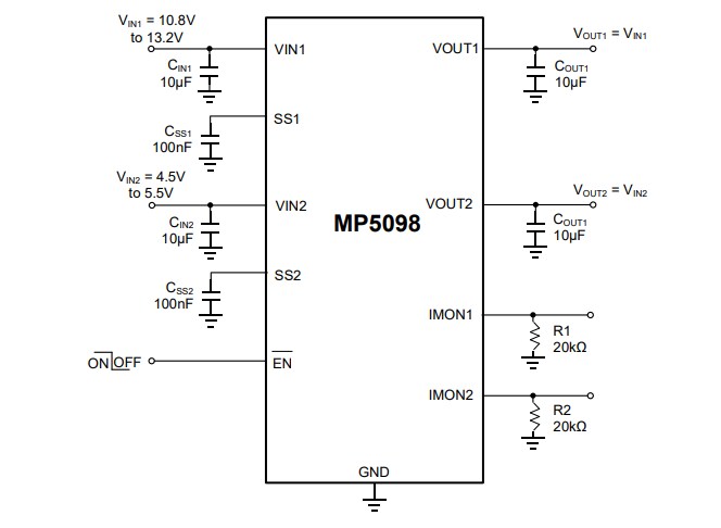 Application Circuit Diagram - Monolithic Power Systems (MPS) MP5098 Dual-Channel E-Fuses