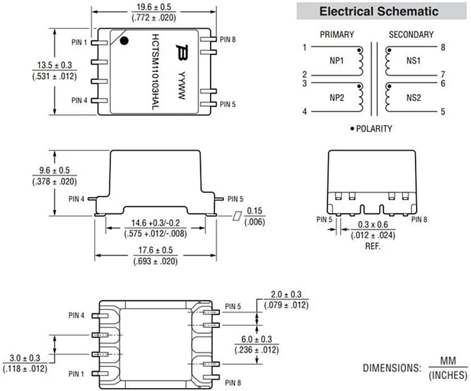 Mechanical Drawing - Bourns HCTSM110103HAL HCT Transformer