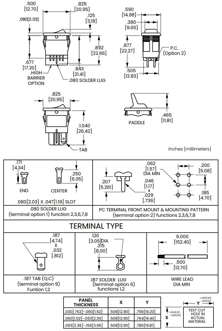 Mechanical Drawing - Carling Technologies 611/621-Series Rocker Switches