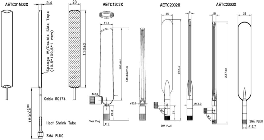 Mechanical Drawing - Abracon AETC LTE 4G/5G & Wi-Fi® 6E Whip Antennas