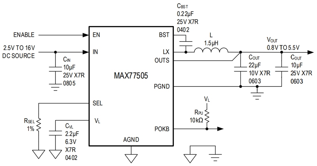 應用電路圖 - Analog Devices Inc. MAX77505 16A低IQ降壓轉換器