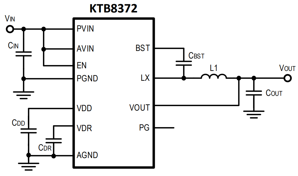 Application Circuit Diagram - Kinetic Technologies KTB8372 5A Synchronous Buck Regulator