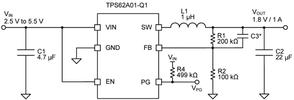 Application Circuit Diagram - Texas Instruments TPS62A01-Q1 Synchronous Step-Down Buck Converter