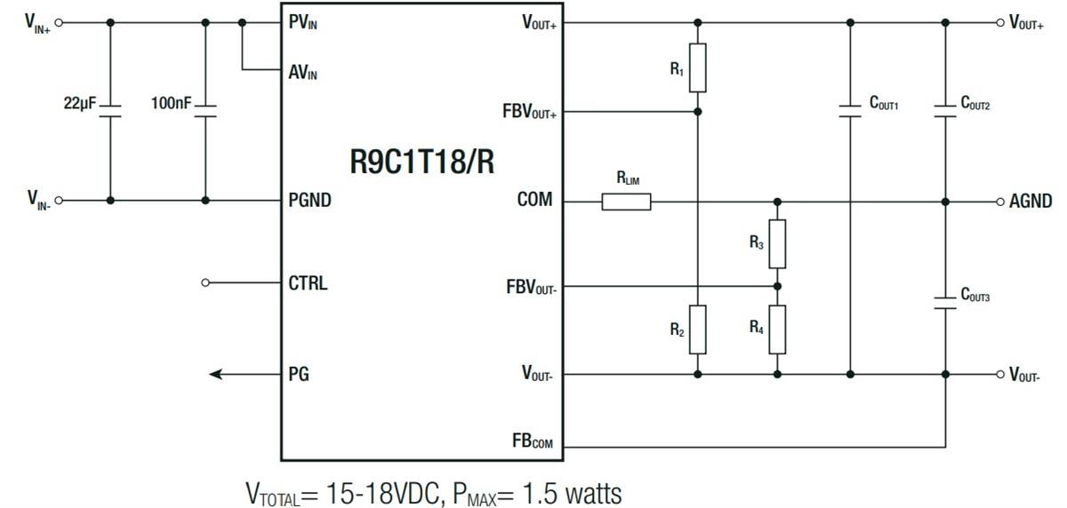 Application Circuit Diagram - RECOM Power R9C1T18/R Series Isolated DC/DC Converters