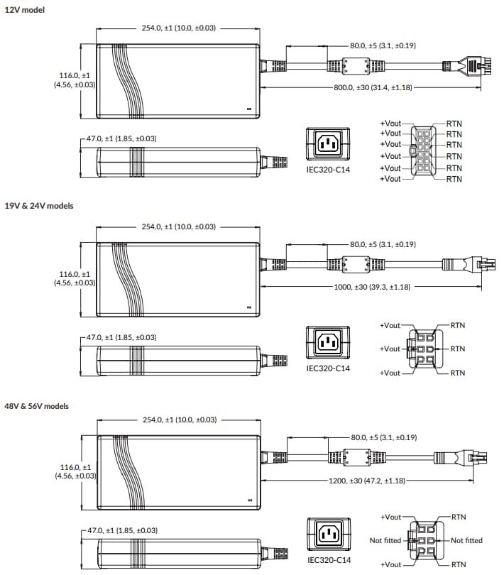 Mechanical Drawing - XP Power AQM450 Convection-Cooled Adapters