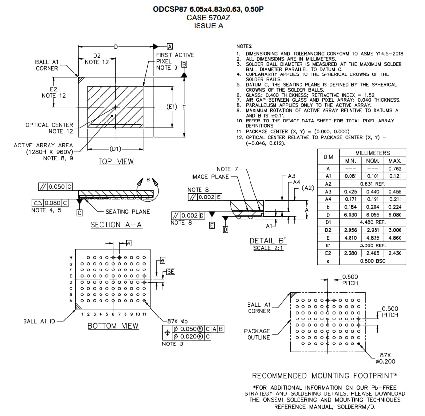 機械製圖 - onsemi AF013x Hyperlux™ ID 1.2MP iToF感測器