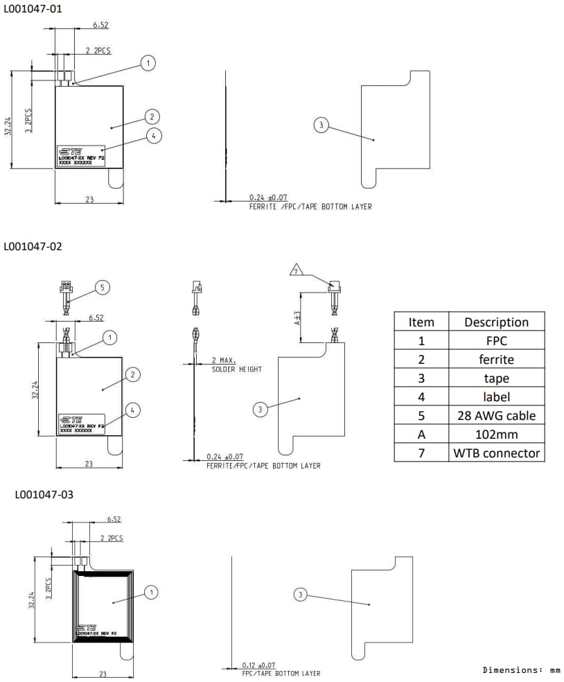機械製圖 - TE Connectivity L001047柔性PCB (FPC) 天線