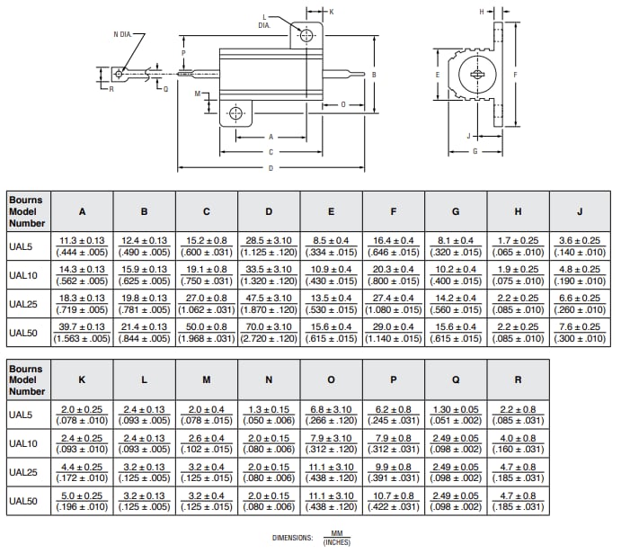 Mechanical Drawing - Bourns UAL Riedon™ Power Resistors