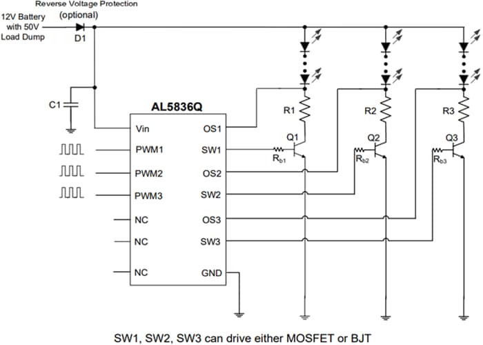 Application Circuit Diagram - Diodes Incorporated AL5836Q Three Independent Channel PWM Controller