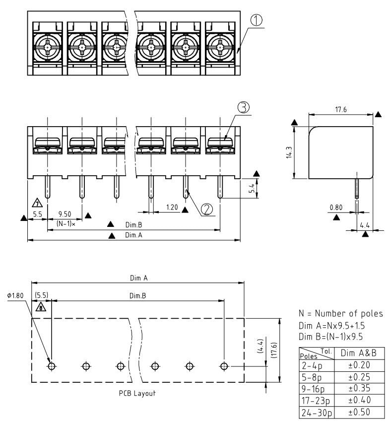 Mechanical Drawing - Amphenol Anytek YK441 Single-Row Barrier Terminal Blocks