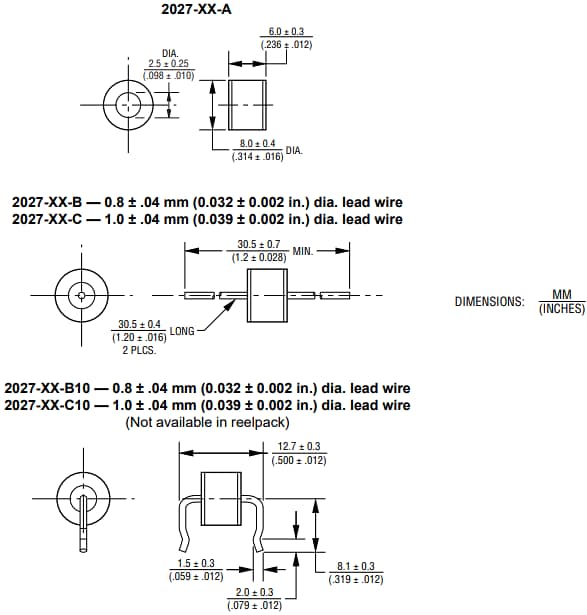 Mechanical Drawing - Bourns 2027 Series 2-Pole Gas Discharge Tubes