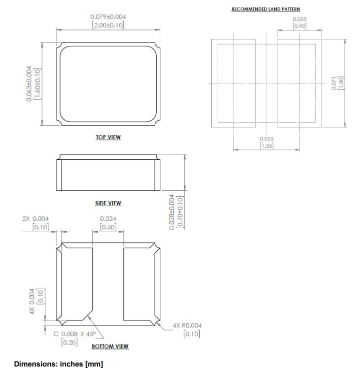 Mechanical Drawing - Abracon ABM11A Commercial-Grade 2-Pad MHz Crystals
