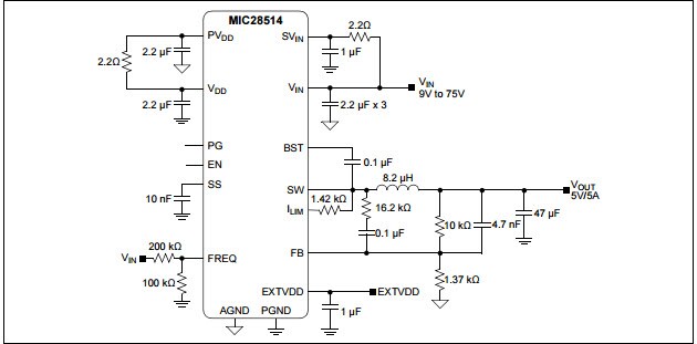 Microchip MIC28514T-E/PHA Voltage Regulator Typical Application Circuit Microchip MIC28514T-E/PHA Voltage Regulator Typical Application Circuit