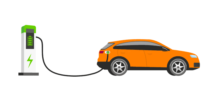 animation of an electric car being charged by a charging station; once it is charged, the electric car emits sensing pulses around itself