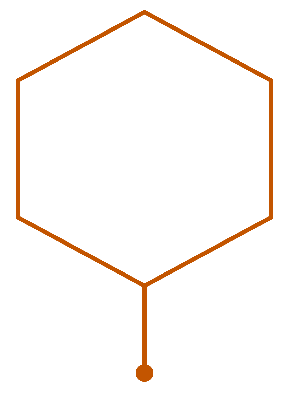 A orange hexagon outline with six sides with a line and circle extending from bottom point of hexagon with a white icon of a robot arm with wifi symbol picking up a box in the middle of the hexagon