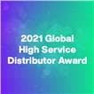 Graphic with "2021 Global High Service Distributor Award" over a blue and green gradient background