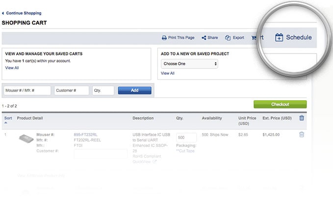 「計劃訂單」按鈕反白顯示在購物車頁面內。